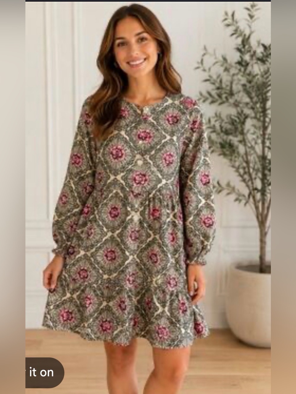 Women’s Printed Solange Floral Boho Mini Dress Long Sleeve NWOT Size 6